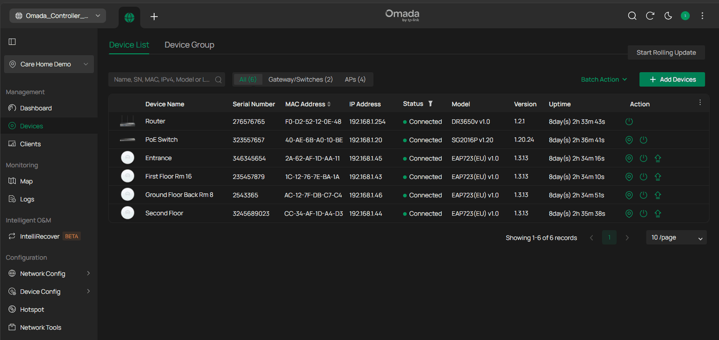 Omada cloud dashboard listing switches, access points and their status