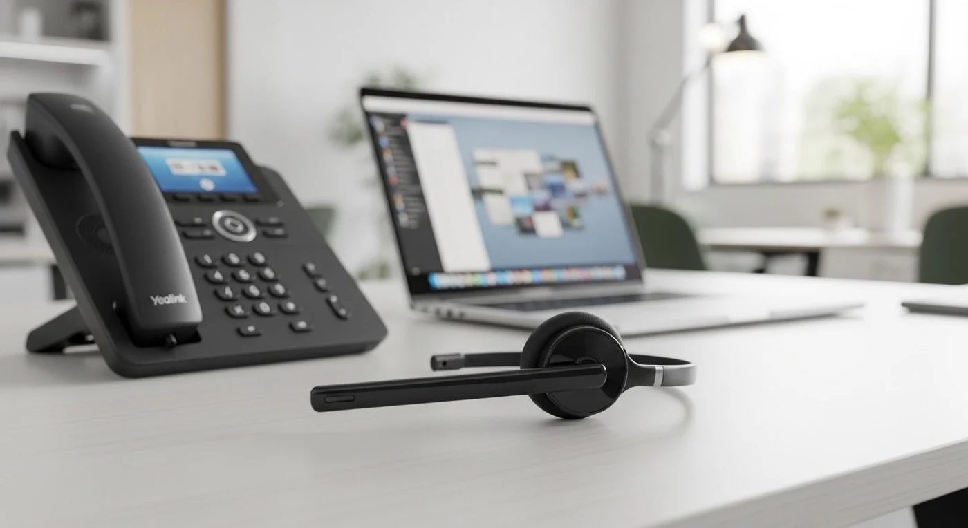 A desk phone and headset beside a laptop
